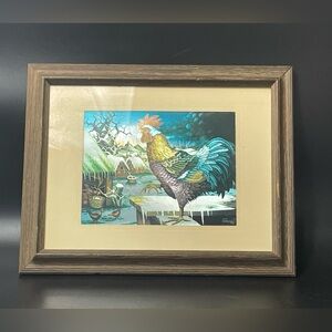 Vintage Ivo Cenkovcan Foil Art Frame Rooster in Snow Farmyard Retro Wall Decor
